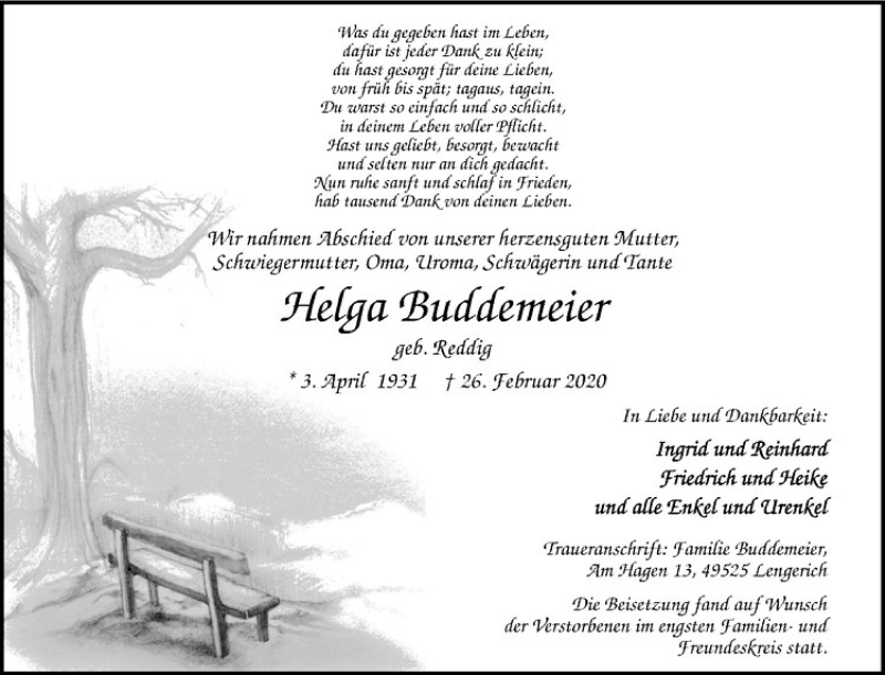  Traueranzeige für Helga Buddemeier vom 16.03.2020 aus Westfälische Nachrichten