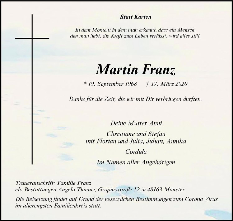  Traueranzeige für Martin Franz vom 21.03.2020 aus Westfälische Nachrichten