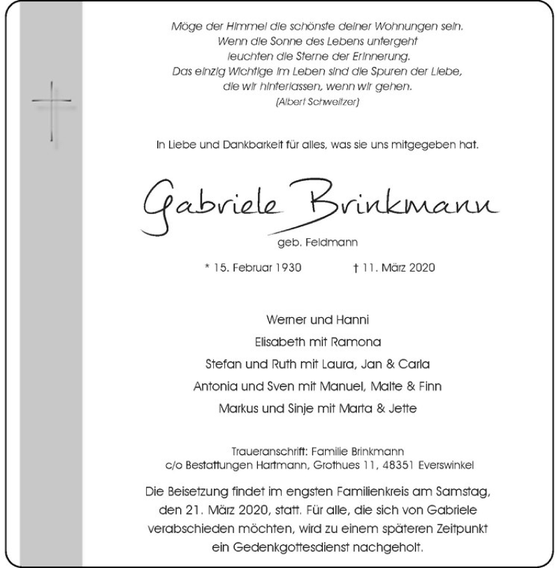  Traueranzeige für Gabriele Brinkmann vom 17.03.2020 aus Westfälische Nachrichten