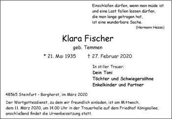 Anzeige von Klara Fischer von Westfälische Nachrichten