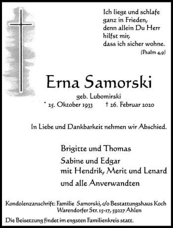 Anzeige von Erna Samorski von Westfälische Nachrichten