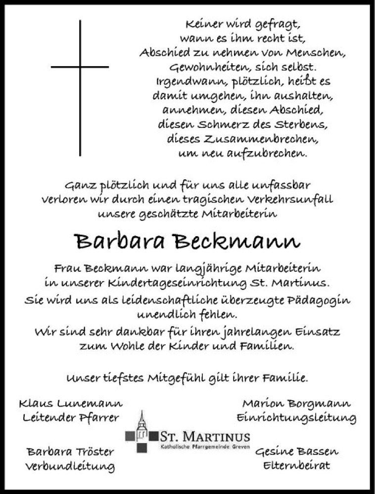  Traueranzeige für Barbara Beckmann vom 12.03.2020 aus Westfälische Nachrichten