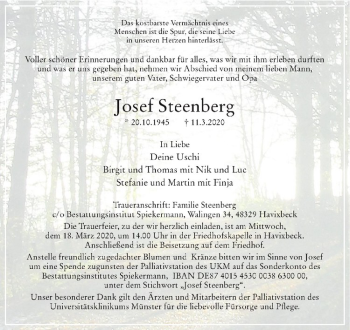 Anzeige von Josef Steenberg von Westfälische Nachrichten