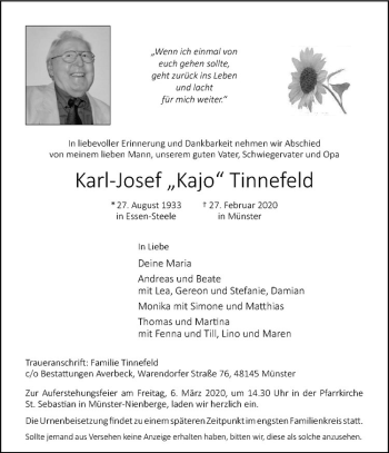 Anzeige von Karl-Josef Tinnefeld von Westfälische Nachrichten