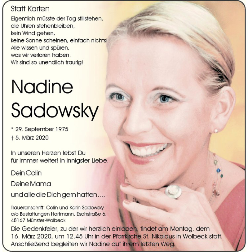  Traueranzeige für Nadine Sadowsky vom 12.03.2020 aus Westfälische Nachrichten