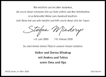 Anzeige von Stefan Mindrup von Westfälische Nachrichten