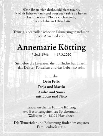 Anzeige von Annemarie Kötting von Westfälische Nachrichten
