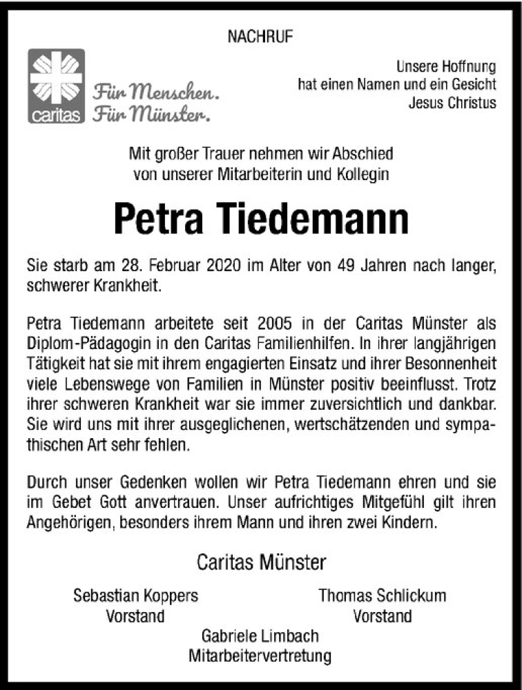  Traueranzeige für Petra Tiedemann vom 07.03.2020 aus Westfälische Nachrichten