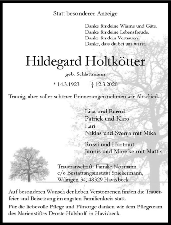 Anzeige von Hildegard Holtkötter von Westfälische Nachrichten