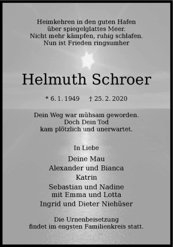 Anzeige von Helmuth Schroer von Westfälische Nachrichten