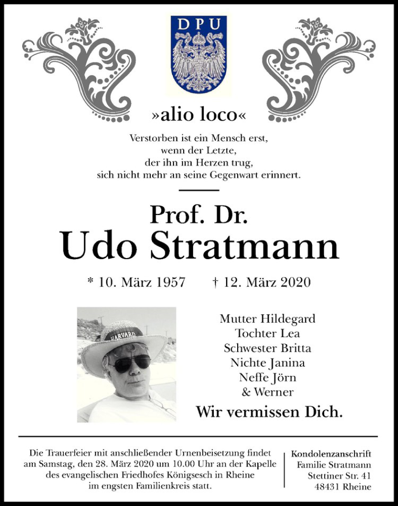  Traueranzeige für Prof. Dr. Udo Stratmann vom 21.03.2020 aus Westfälische Nachrichten