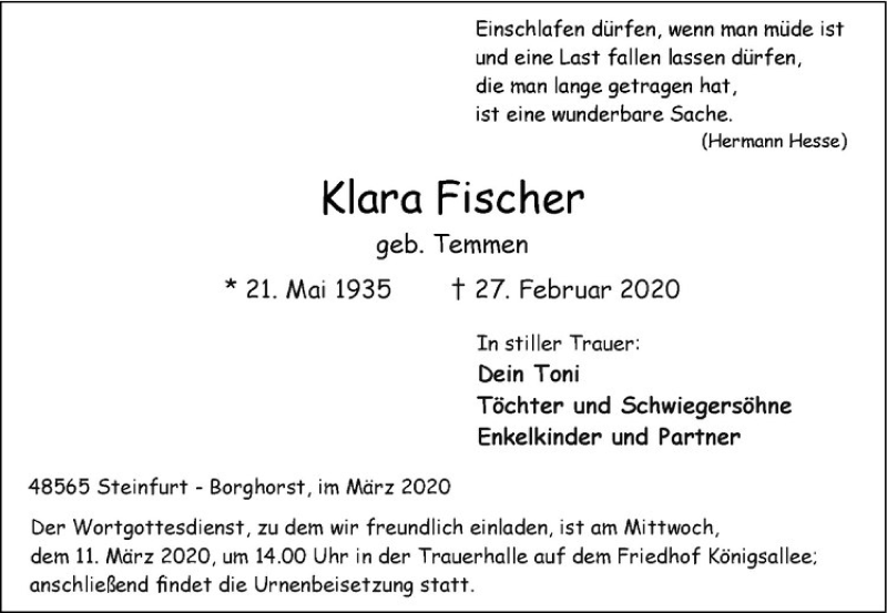  Traueranzeige für Klara Fischer vom 07.03.2020 aus Westfälische Nachrichten