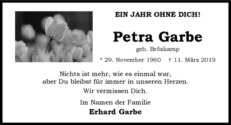  Traueranzeige für Petra Garbe vom 11.03.2020 aus Westfälische Nachrichten