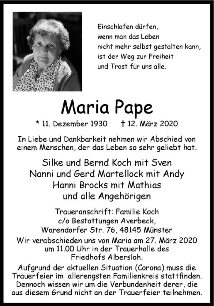  Traueranzeige für Maria Pape vom 21.03.2020 aus Westfälische Nachrichten