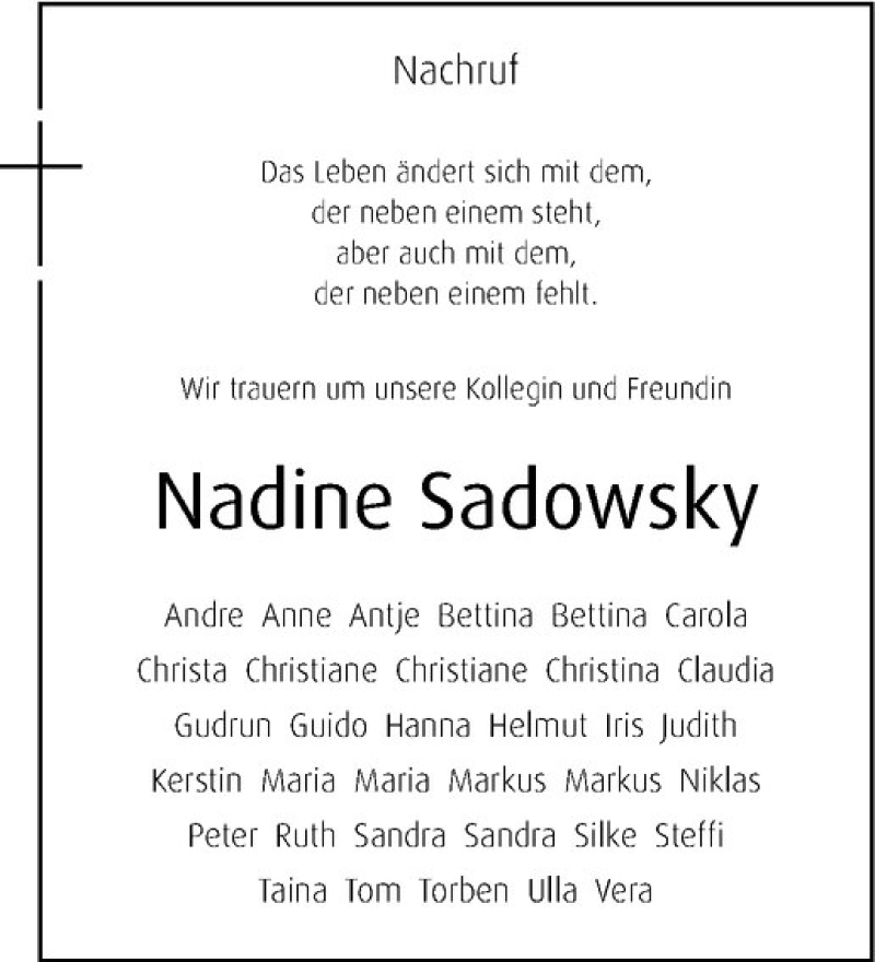  Traueranzeige für Nadine Sadowsky vom 21.03.2020 aus Westfälische Nachrichten