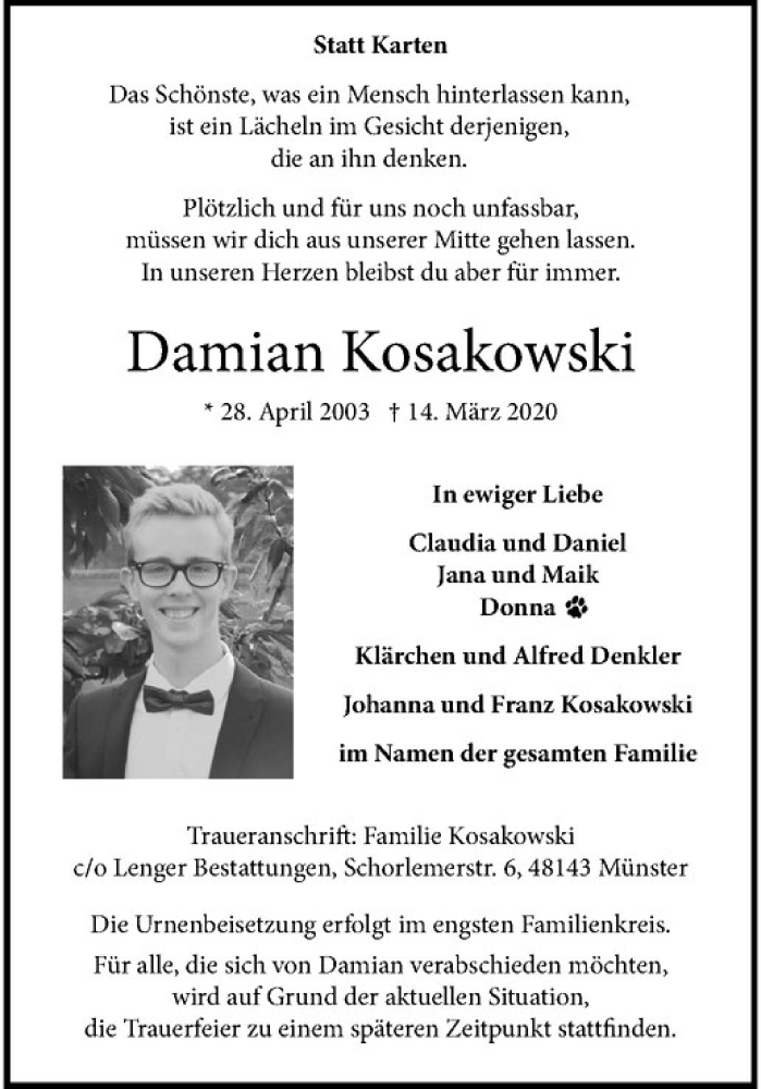 Traueranzeige für Damian Kosakowski vom 18.03.2020 aus Westfälische Nachrichten
