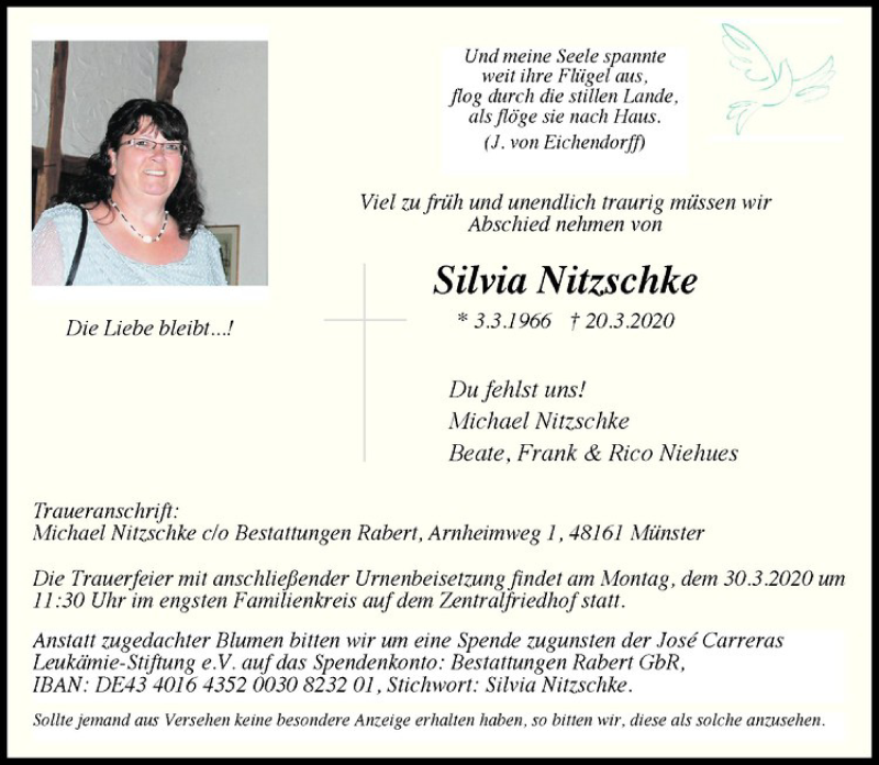  Traueranzeige für Silvia Nitzschke vom 28.03.2020 aus Westfälische Nachrichten