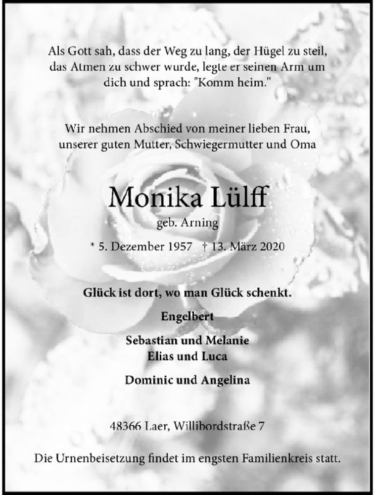  Traueranzeige für Monika Lülff vom 21.03.2020 aus Westfälische Nachrichten