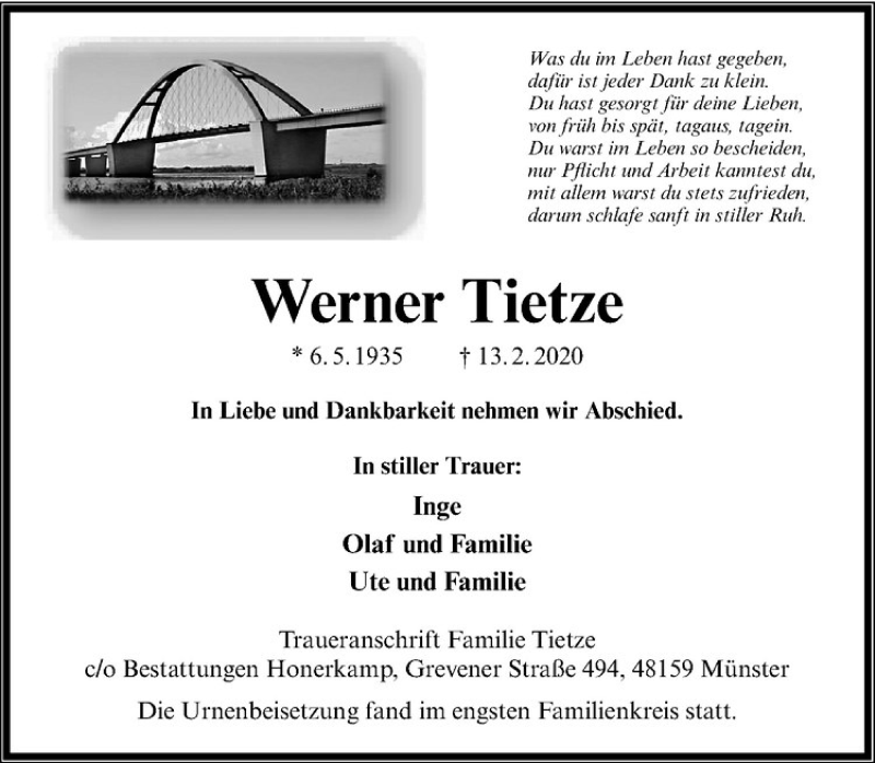  Traueranzeige für Werner Tietze vom 07.03.2020 aus Westfälische Nachrichten