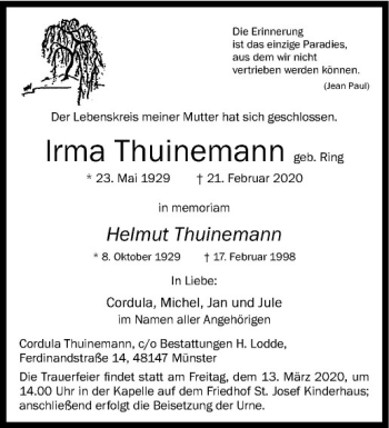 Anzeige von Irma Thuinemann von Westfälische Nachrichten