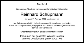 Anzeige von Reinhard Schüpmann von Westfälische Nachrichten