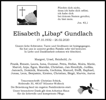 Anzeige von Elisabeth Libap Gundlach von Westfälische Nachrichten