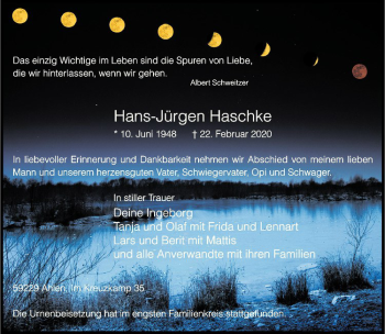 Anzeige von Hans-Jürgen Haschke von Westfälische Nachrichten