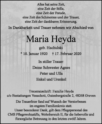 Anzeige von Maria Heyda von Westfälische Nachrichten