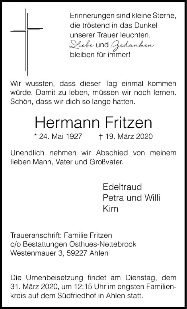  Traueranzeige für Hermann Fritzen vom 28.03.2020 aus Westfälische Nachrichten