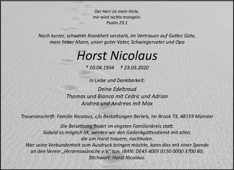  Traueranzeige für Horst Nicolaus vom 28.03.2020 aus Westfälische Nachrichten