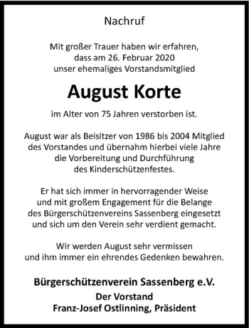 Anzeige von August Korte von Westfälische Nachrichten