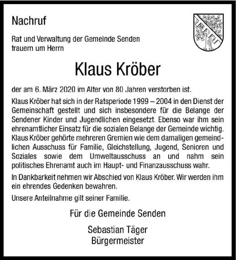  Traueranzeige für Klaus Kröber vom 18.03.2020 aus Westfälische Nachrichten