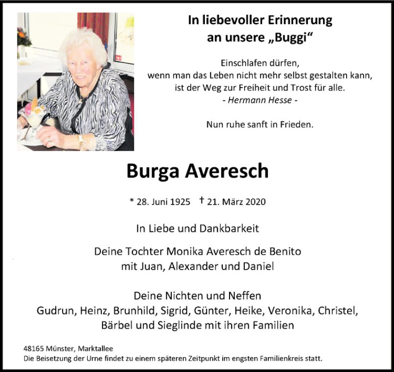  Traueranzeige für Burga Averesch vom 28.03.2020 aus Westfälische Nachrichten