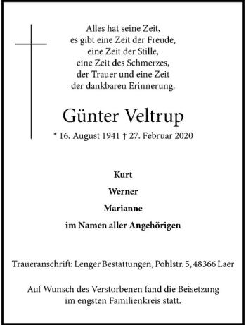 Anzeige von Günter Veltrup von Westfälische Nachrichten