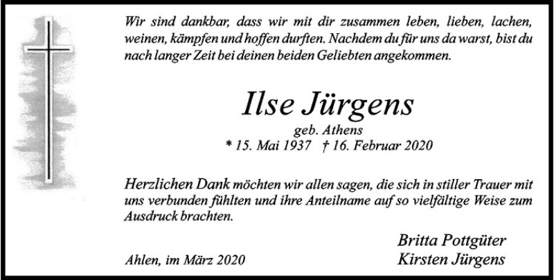  Traueranzeige für Ilse Jürgens vom 28.03.2020 aus Westfälische Nachrichten