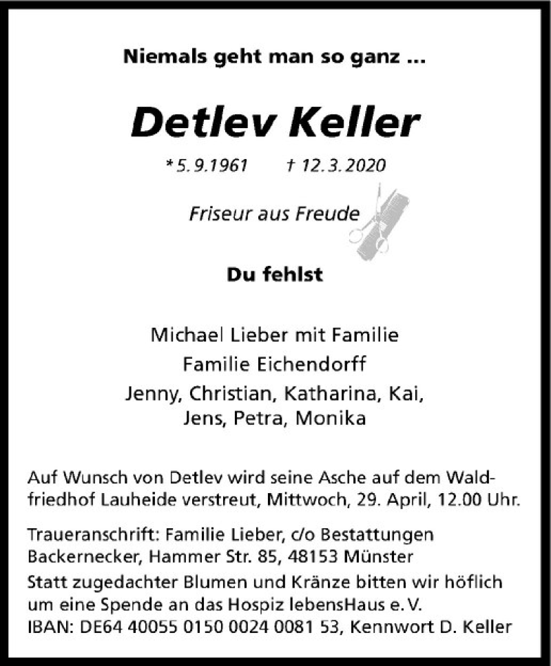  Traueranzeige für Detlev Keller vom 28.03.2020 aus Westfälische Nachrichten