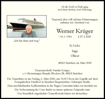 Anzeige von Werner Krüger von Westfälische Nachrichten