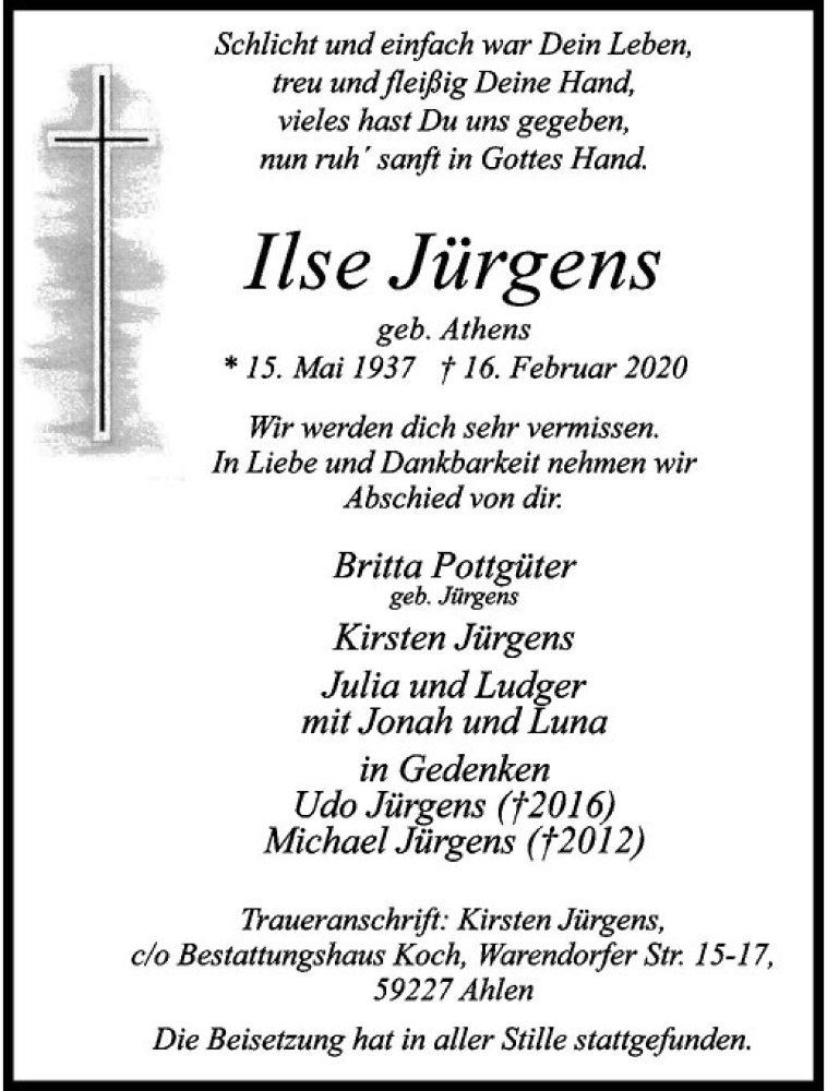 Traueranzeige für Ilse Jürgens vom 07.03.2020 aus Westfälische Nachrichten