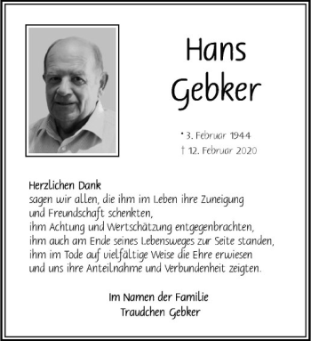 Anzeige von Hans Gebker von Westfälische Nachrichten