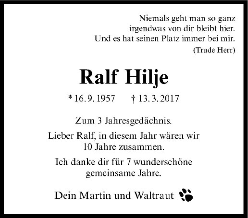  Traueranzeige für Ralf Hilje vom 13.03.2020 aus Westfälische Nachrichten