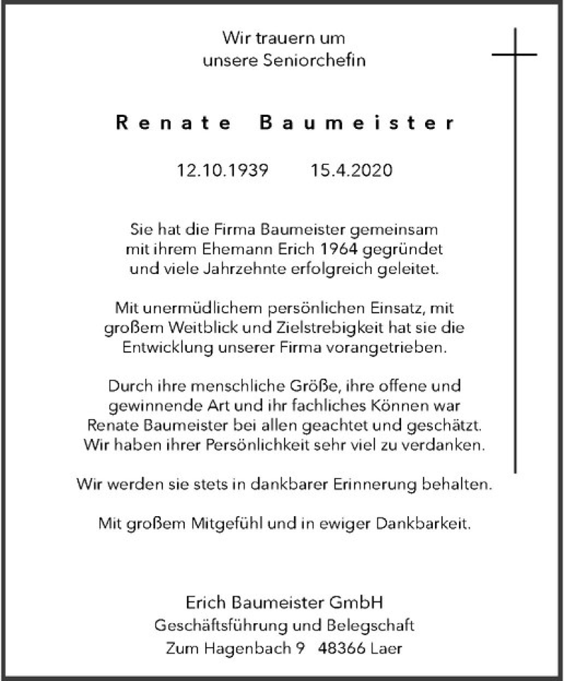  Traueranzeige für Renate Baumeister vom 25.04.2020 aus Westfälische Nachrichten