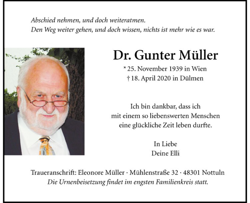  Traueranzeige für Gunter Müller vom 22.04.2020 aus Westfälische Nachrichten