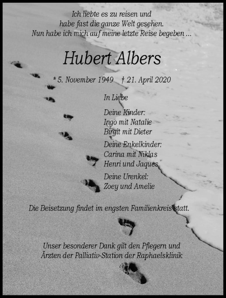 Traueranzeige für Hubert Albers vom 25.04.2020 aus Westfälische Nachrichten