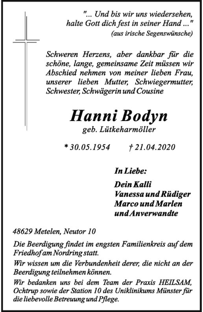  Traueranzeige für Hanni Bodyn vom 24.04.2020 aus Westfälische Nachrichten