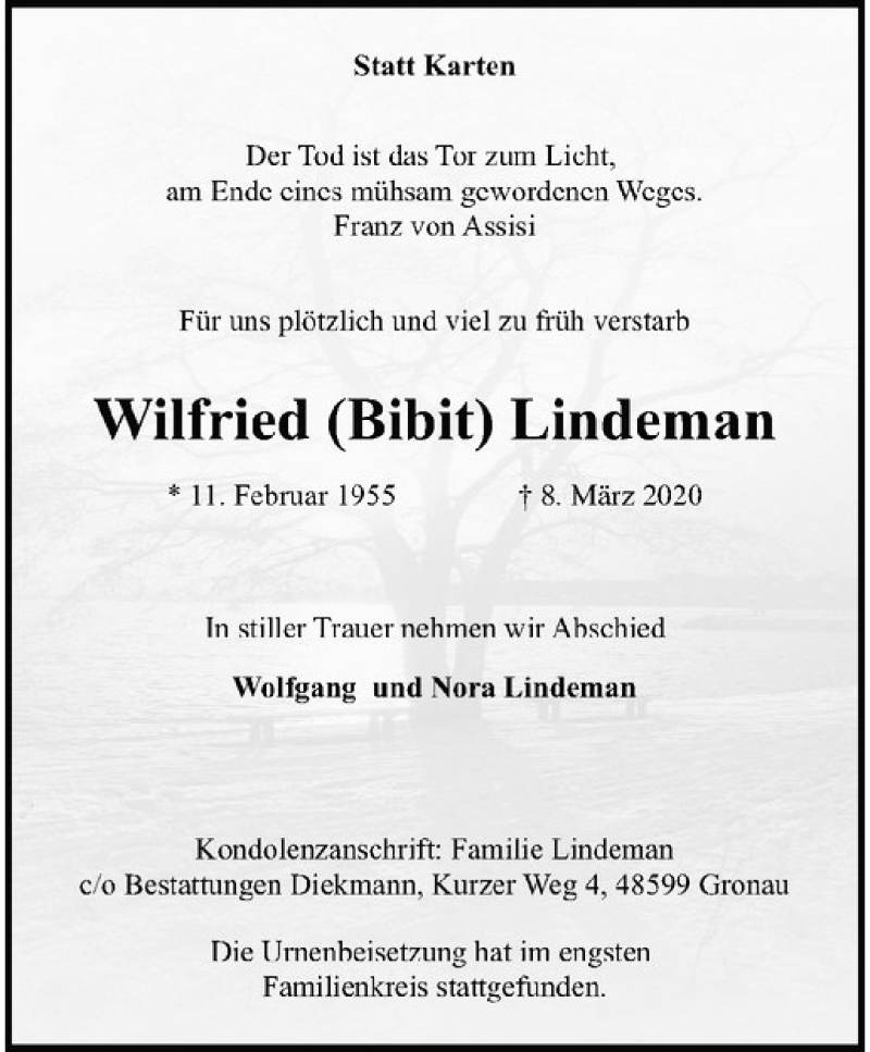  Traueranzeige für Wilfried Lindeman vom 21.03.2020 aus Westfälische Nachrichten