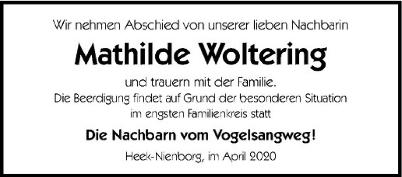  Traueranzeige für Mathilde Woltering vom 17.04.2020 aus Westfälische Nachrichten
