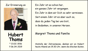 Anzeige von Hubert Thoms von Westfälische Nachrichten