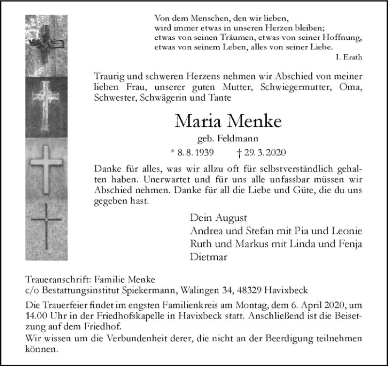  Traueranzeige für Maria Menke vom 04.04.2020 aus Westfälische Nachrichten