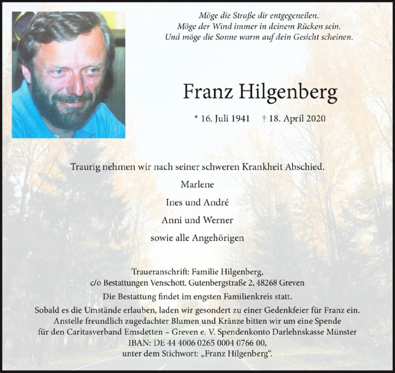 Traueranzeige für Franz Hilgenberg vom 25.04.2020 aus Westfälische Nachrichten