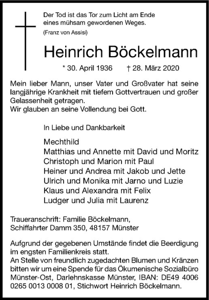  Traueranzeige für Heinrich Böckelmann vom 07.04.2020 aus Westfälische Nachrichten